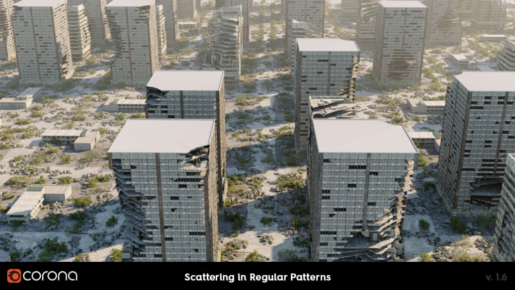 Corona Renderer 1.6, Scattering on Splines and in Patterns