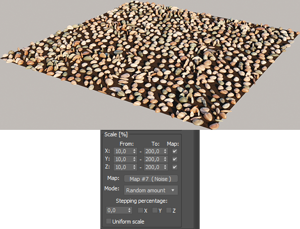 Corona Scatter, using the "Random amount" mode, with the same grayscale map as input