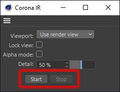 Corona Renderer 5 para Cinema 4D - Os botões Iniciar e Parar na caixa de diálogo IR da janela de visualização