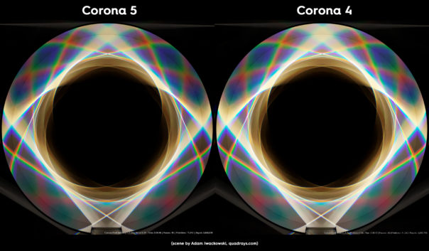 Corona Renderer 5 caustics improvements, prism scene comparison