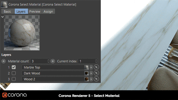 Corona Renderer 5 para Cinema 4D - O Select Shader atua como uma biblioteca independente de materiais ou mapas armazenada com o objeto