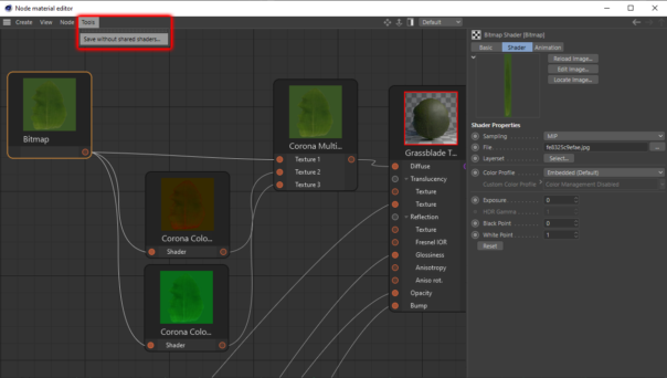 Corona Renderer 5 para Cinema 4D - O Node Material Editor tem uma opção para salvar uma cópia da cena, transformando shaders compartilhados em shaders copiados regulares.